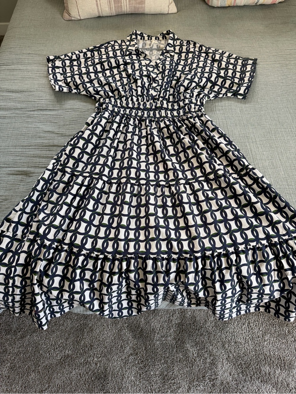 Anthropologie Navy and White Chain-Link Smocked Waist Tiered Dress